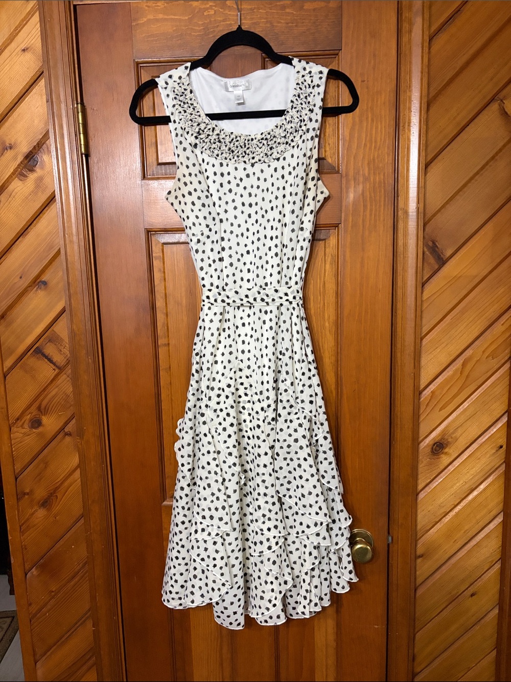 Dress Barn Sleeveless White with Black Polka Dot Midi Dress Ruffles & Tie Waist